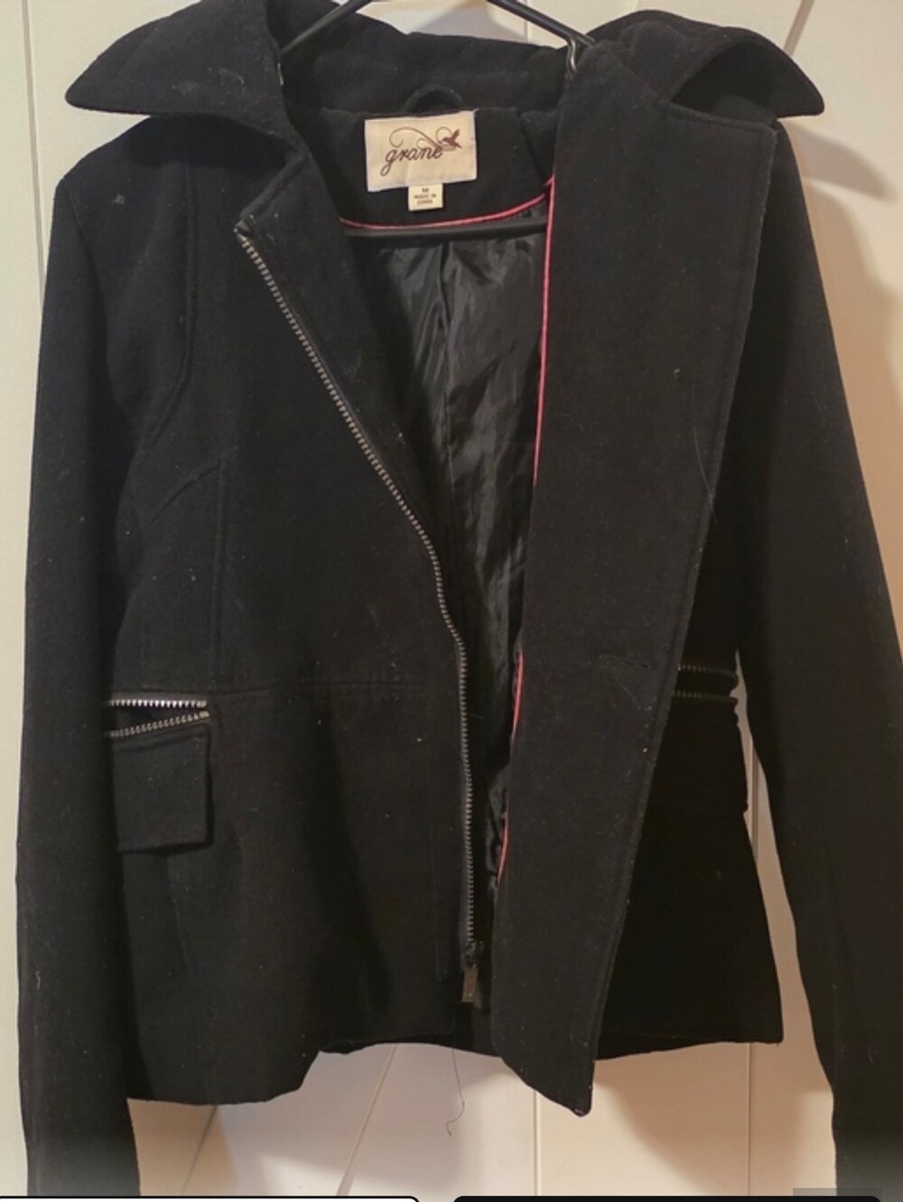 Grane Black Zip-Front Wool-Blend Moto Jacket